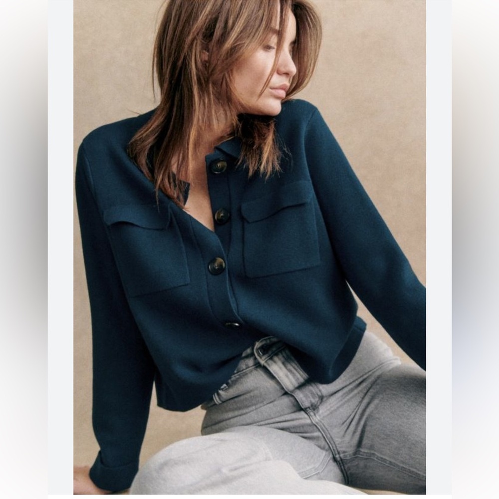 Sezane Deep Teal Button-Front Pocket Sweater Cardigan